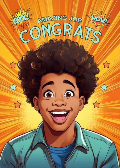 Send this &quot;Stars and Cartoons&quot; Congratulations card w/ your own handwriting by mail directly from Signed. No need to leave your house. Do it all online for $7.99!