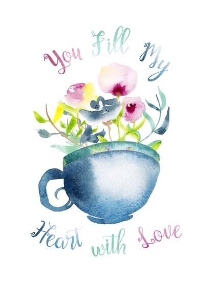 Bouquet Of Flowers and Teacups Valentine's Day Card with your own ...