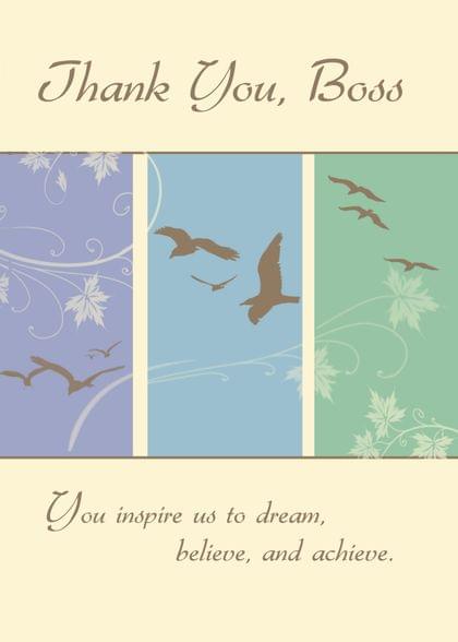 Send this &quot;Birds&quot; Boss's Day card w/ your own handwriting by mail directly from Signed. No need to leave your house. Do it all online for $7.99!