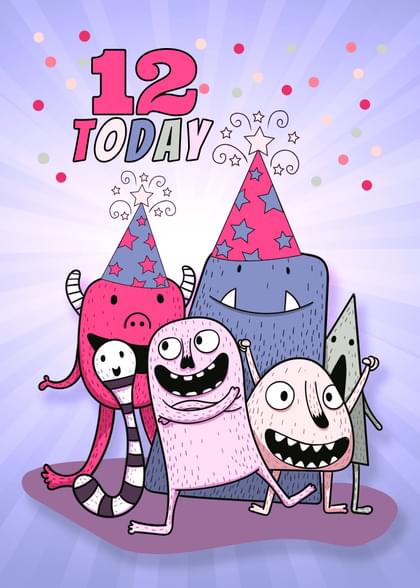 Send this &quot;Monsters and Party Hats&quot; Birthday card w/ your own handwriting by mail directly from Signed. No need to leave your house. Do it all online for $7.99!