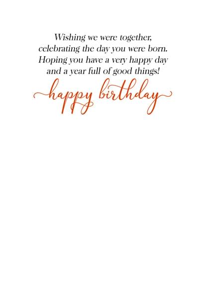 Wishing we were together, celebrating the day you were born. Hoping you have a very happy day and a year full of good things! Happy birthday