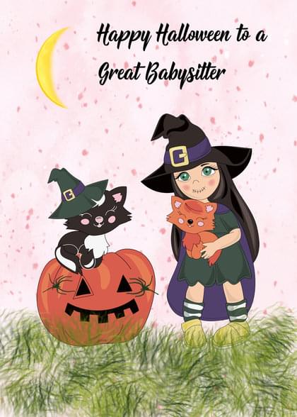 Send this &quot;Pumpkins and Witches&quot; Halloween card w/ your own handwriting by mail directly from Signed. No need to leave your house. Do it all online for $7.99!